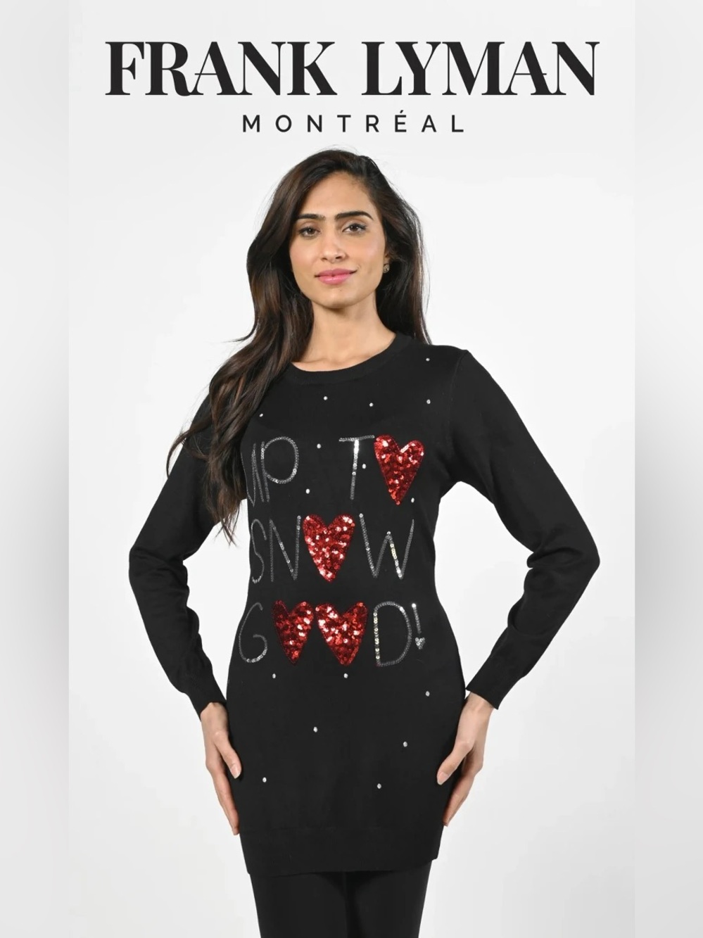 Frank Lyman Design Black Crewneck Sweater Red/Silver Sequin “up to snow good”